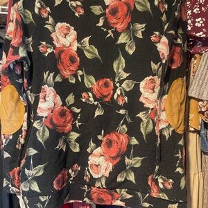 Floral Black Sweater with Elbow Patches